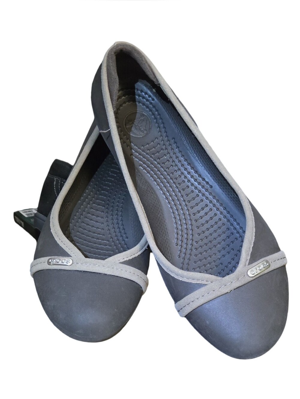 CROCS Women's Charcoal Gray Ballet Flats with Light Trim Slip On Balletcore
